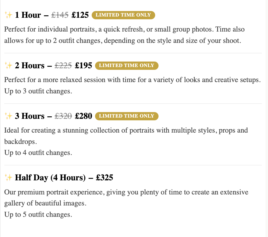 personal photoshoot Hours Offer